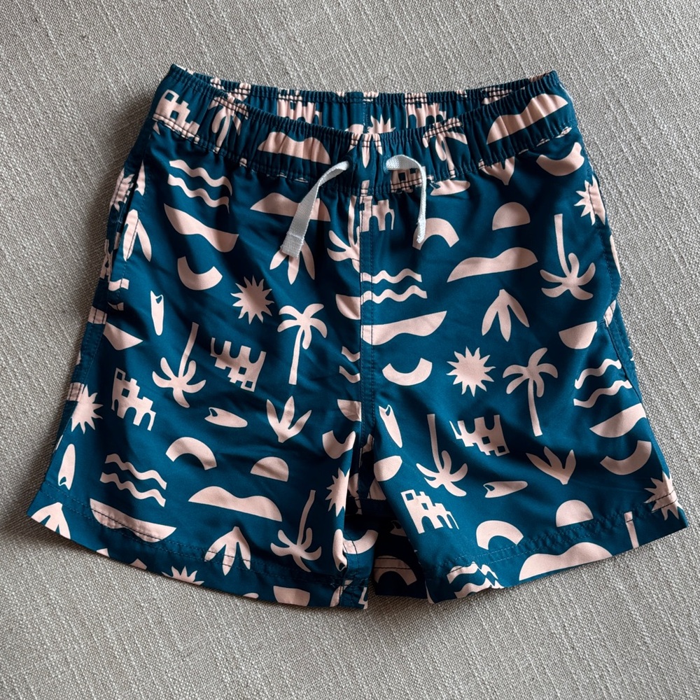 Hanna Andersson Teal and Peach Patterned Swim Trunks